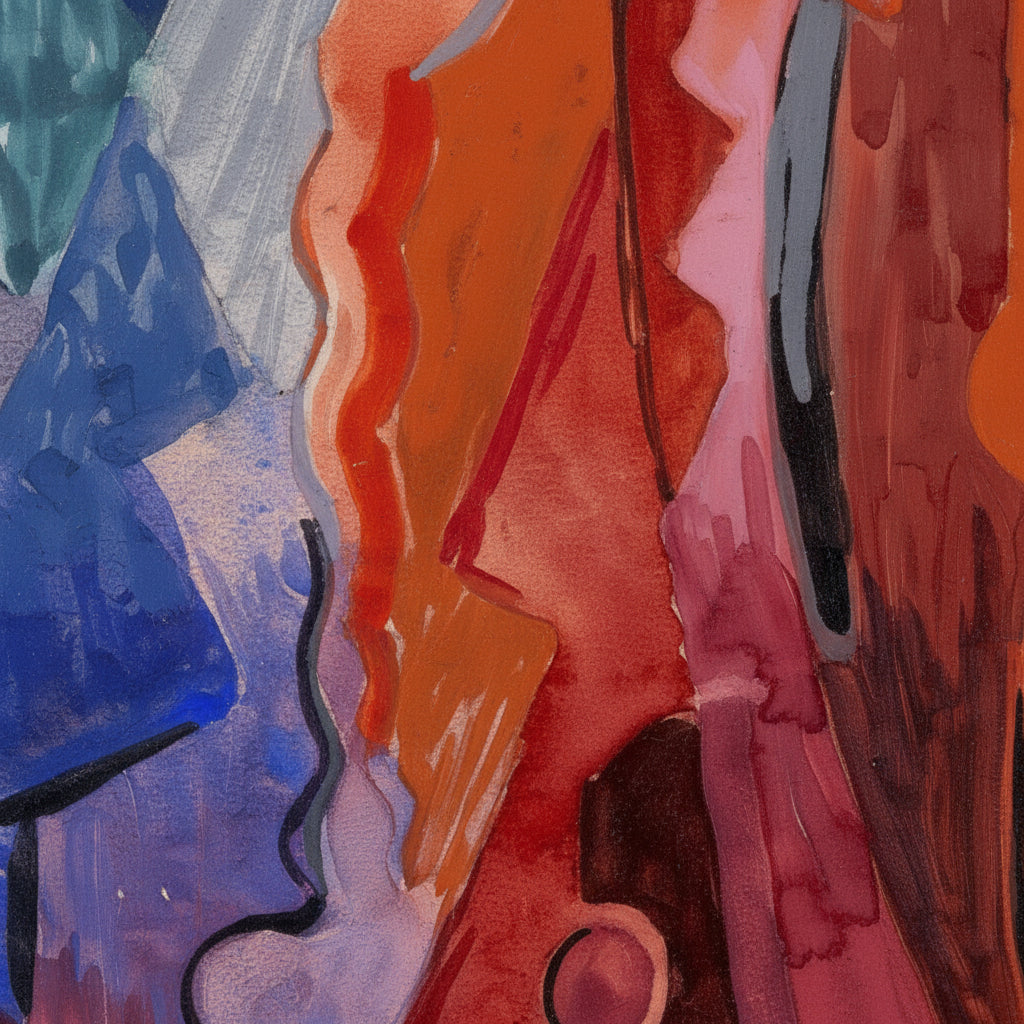 Close-up detail of red, rose and violet planes from I Have Trodden the Winepress Alone by Mainie Jellett