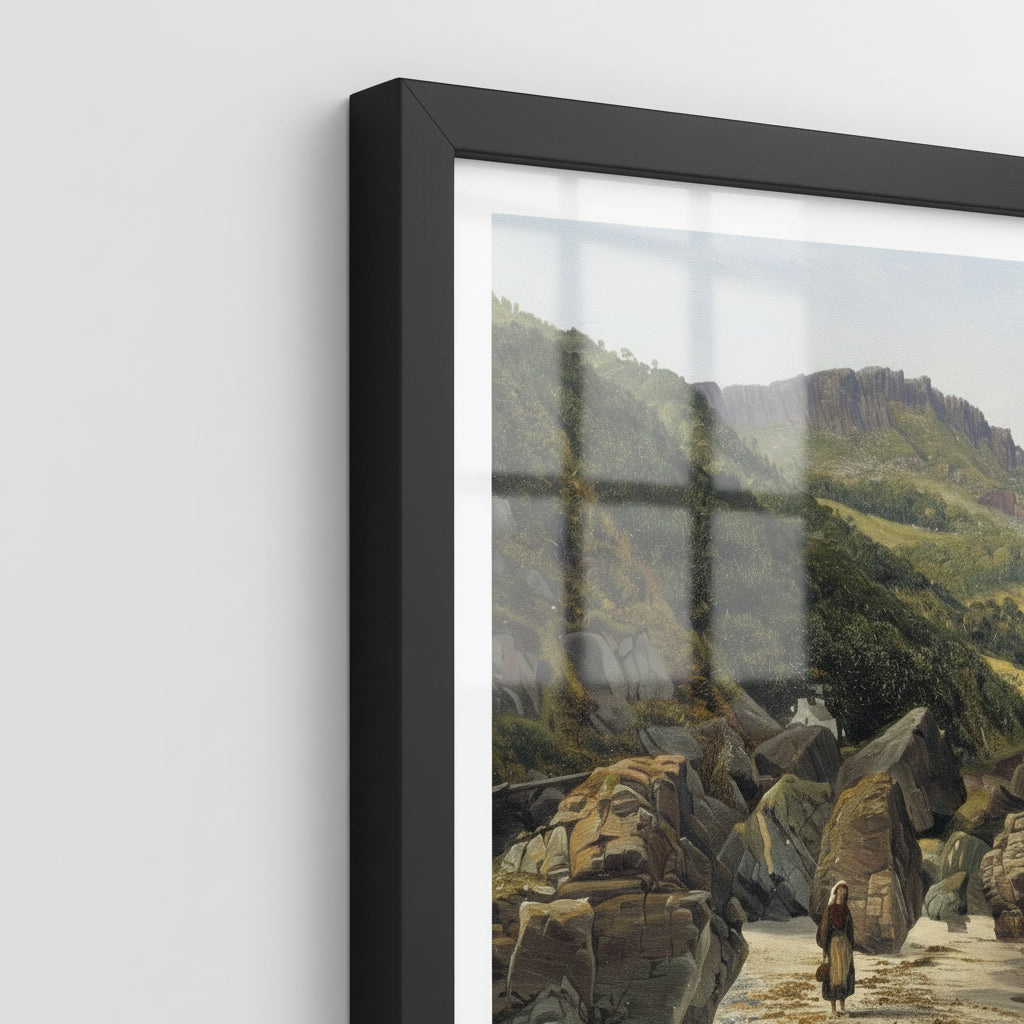Detail of the Murlough Bay print in a black frame showing the frame corner and Fair Head cliffs