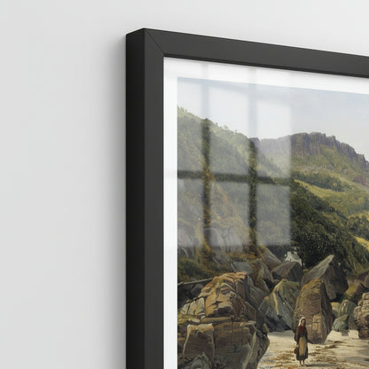 Detail of the Murlough Bay print in a black frame showing the frame corner and Fair Head cliffs