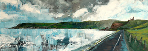 Semi abstract landscape "Red Bay Coast Road" print depicts the ruin of Red Bay Castle which stands prominently on the headland between Cushendall and Waterfoot nestled within the Glens of Antrim, Northern Ireland. Buy Irish Art