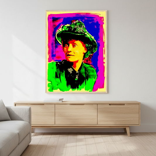Countess Markievicz framed art print by Ó Maoláin — bold pop art portrait of Irish revolutionary, displayed in modern living room