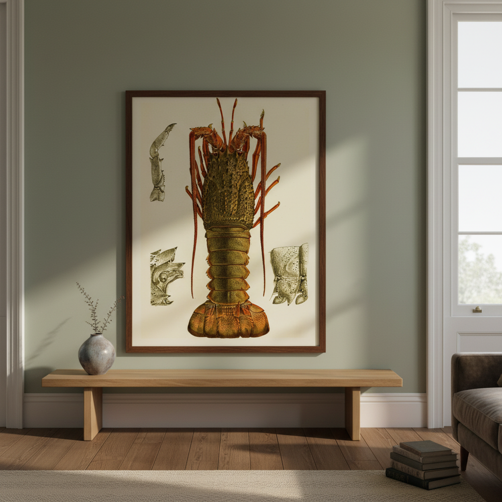 Crustacea I by Frederick McCoy in a dark wood frame above a bench on a sage green wall