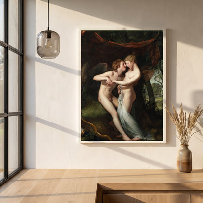 Cupid and Psyche framed print in a white frame on a plaster wall above an oak worktop in a bright Scandinavian kitchen