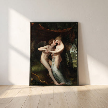 Cupid and Psyche framed print in a black frame leaning against a white plaster wall on oak floorboards in morning light