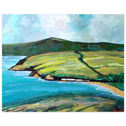 Cushendun, County Antrim coastal landscape painting of green fields and turquoise bay