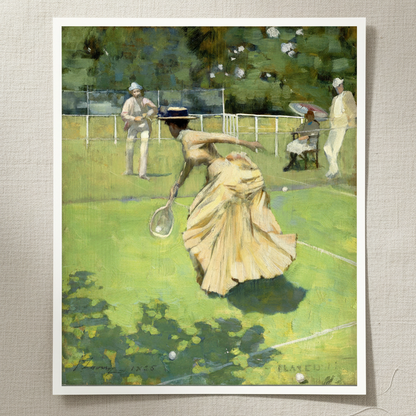 Played!! by Sir John Lavery, woman in a yellow dress playing tennis on a grass court, unframed print