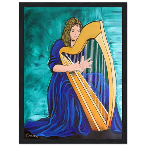 Female Harpist Playing The Irish Harp Black Wooden Framed Print