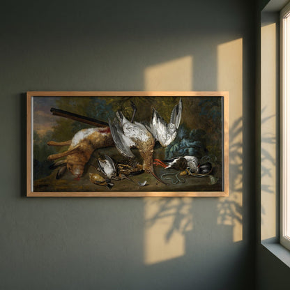 Dead Game, 1730 framed print in a natural oak frame on a dark green wall beside a window, dappled plant shadow