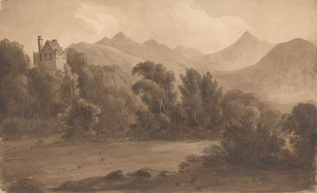 Dunloe Castle, Killarney, drawn by Isaac Weld around 1807 in pen and brown ink with brown wash