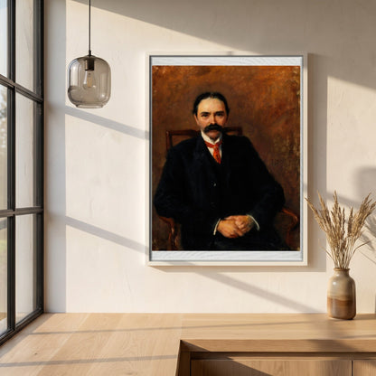 Douglas Hyde framed print in a white frame on a plaster wall above an oak worktop in a bright Scandinavian kitchen