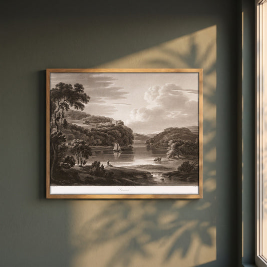 Dromana on the Blackwater by Thomas Sautelle Roberts Art Print framed print in a natural oak frame on a dark green wall beside a window, dappled plant shadow