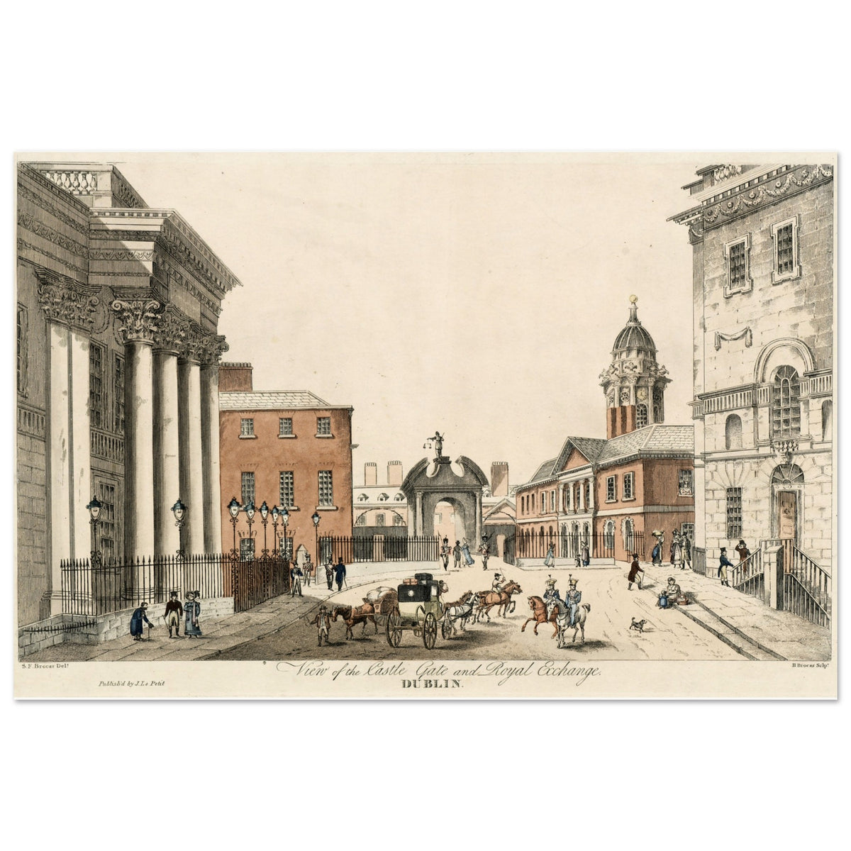 Dublin Castle Gate antique print, unframed, showing the gate, columns and horse-drawn carriages