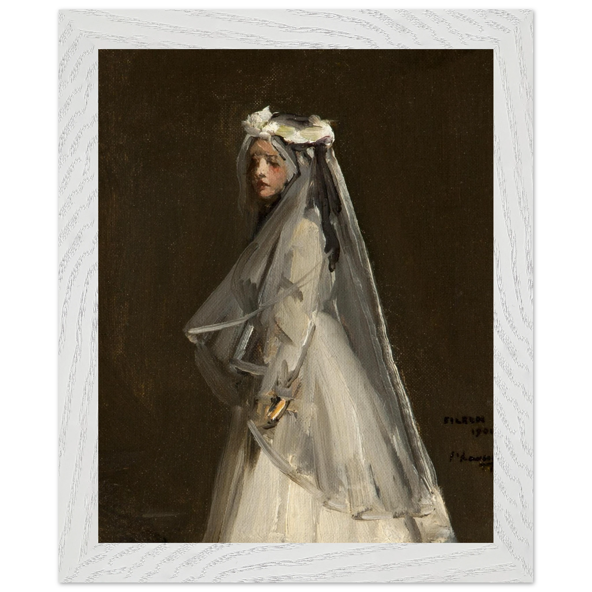Eileen, Her First Communion (1901) by Sir John Lavery, art print in a white frame, 20x25 cm