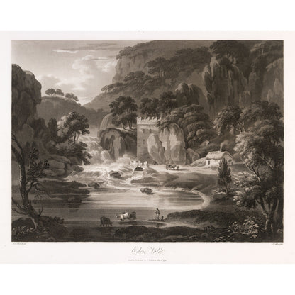 Eden Vale waterfall and tower, 1799 aquatint by Thomas Sautelle Roberts, engraved by Samuel Alken - vintage Irish art print