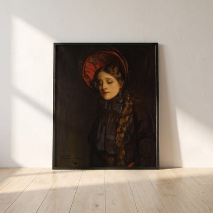 Edna May in The Belle of New York framed print in a black frame leaning against a white plaster wall on oak floorboards in morning light