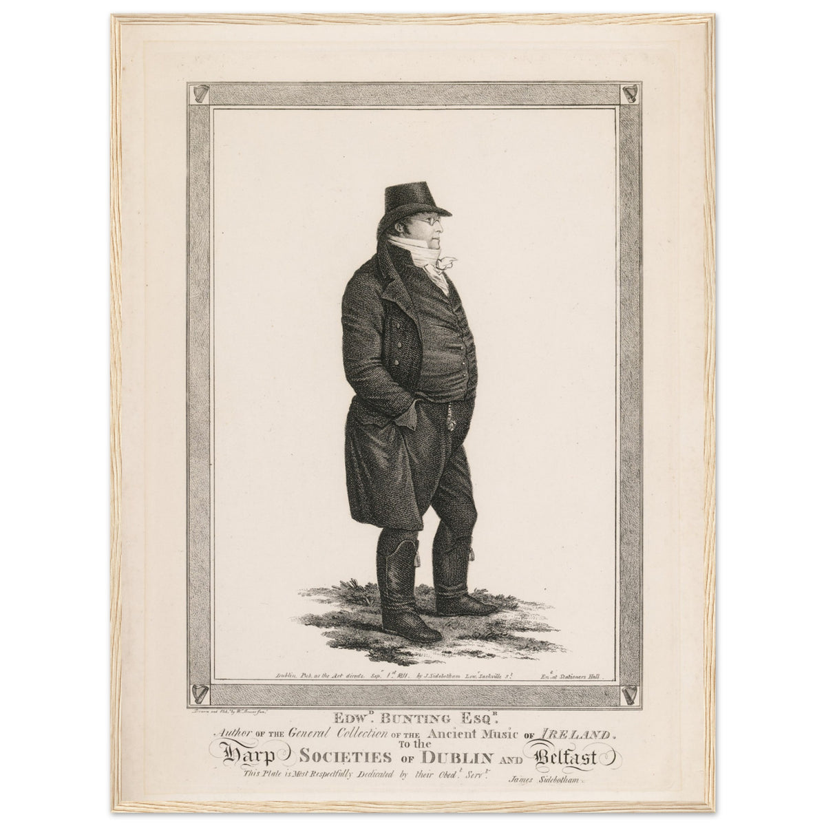 Edward Bunting (1773-1843) unframed print, full-length portrait with ornamental border and caption