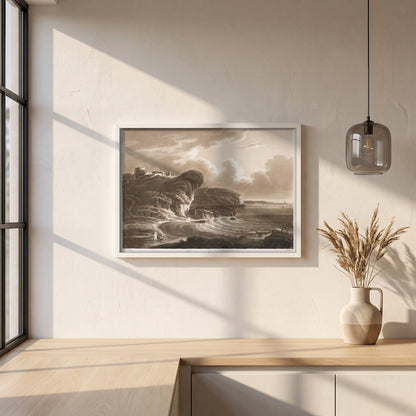 The Entrance to Waterford Harbour by Thomas Sautelle Roberts Art Print framed print in a white frame on a plaster wall above an oak worktop in a bright Scandinavian kitchen