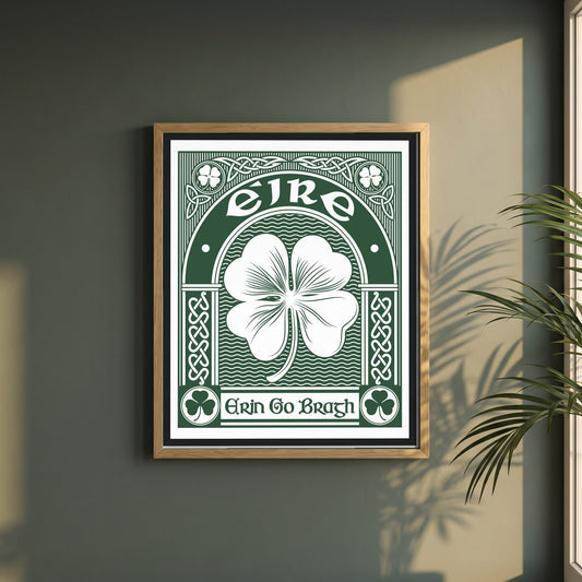 Erin Go Bragh framed print in a natural oak frame on a dark green wall beside a window, dappled plant shadow