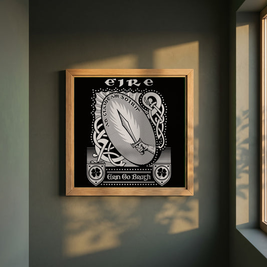 Erin Go Bragh framed print in a natural oak frame on a dark green wall beside a window, dappled plant shadow