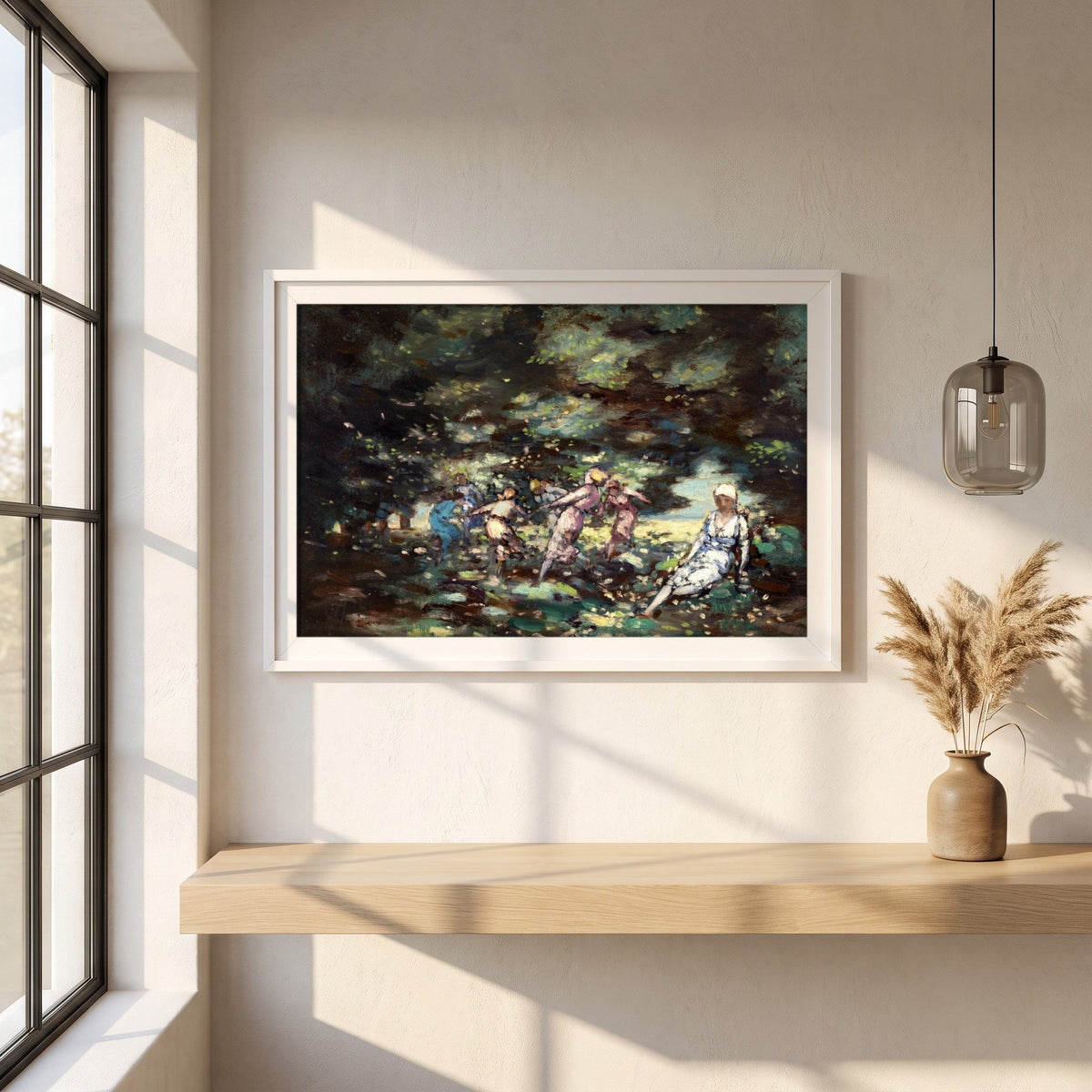 Fairies in a Wood by George Russell (Æ) framed print in a white frame on a plaster wall above an oak worktop in a bright Scandinavian kitchen