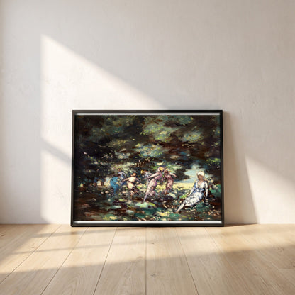 Fairies in a Wood by George Russell (Æ) framed print in a black frame leaning against a white plaster wall on oak floorboards in morning light
