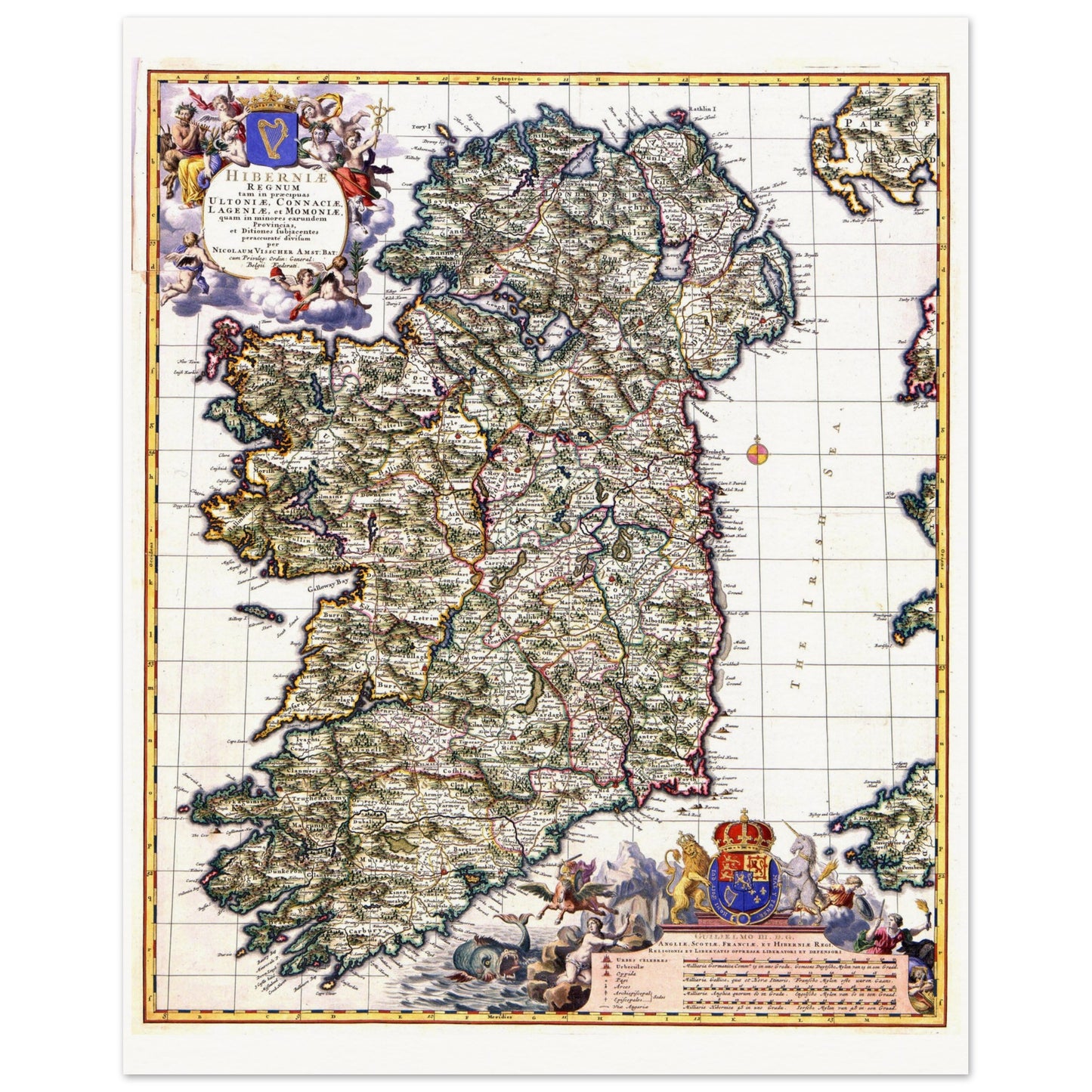 Visscher 1689 Map of Ireland Art Print | Historic Irish Cartography – size comparison view | Buy Irish Art