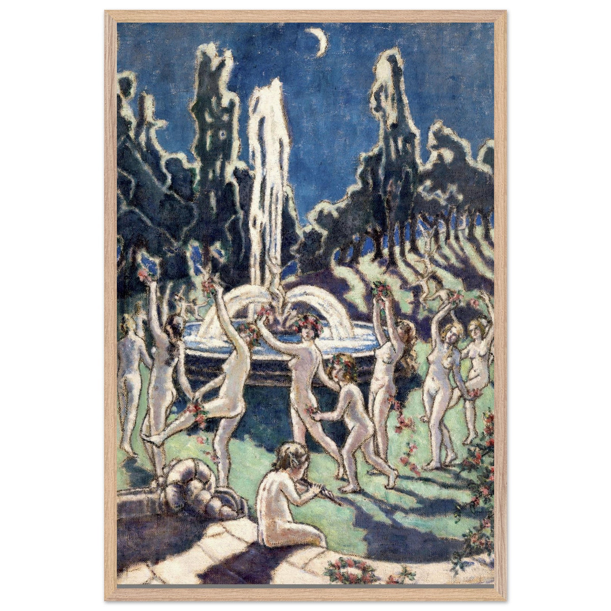 Figures Dancing Round a Fountain by Mainie Jellett in an oak frame, dancers around a white fountain