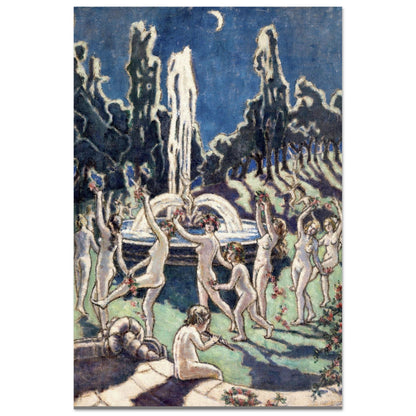Figures Dancing Round a Fountain by Mainie Jellett, nude figures dancing by a fountain under a crescent moon