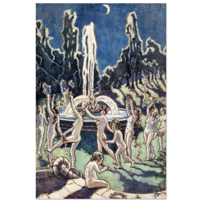Figures Dancing Round a Fountain by Mainie Jellett unframed print, dancers circling a moonlit fountain