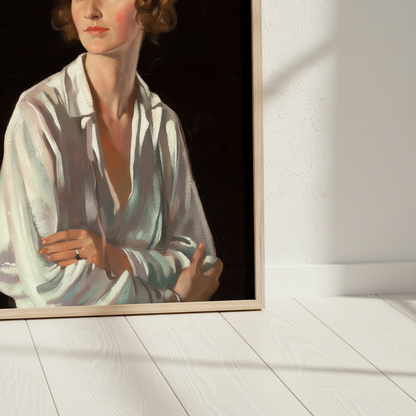 Detail of Lady Marriott by William Orpen print showing her white blouse and folded arms in an oak frame