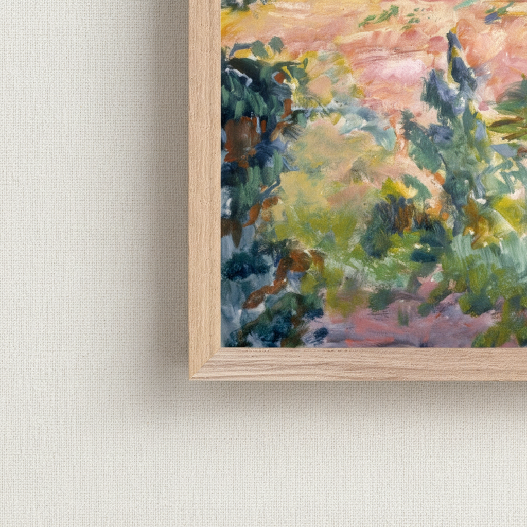 Detail of the Landscape by Roderic O'Conor print showing brushwork beside the corner of a natural oak frame