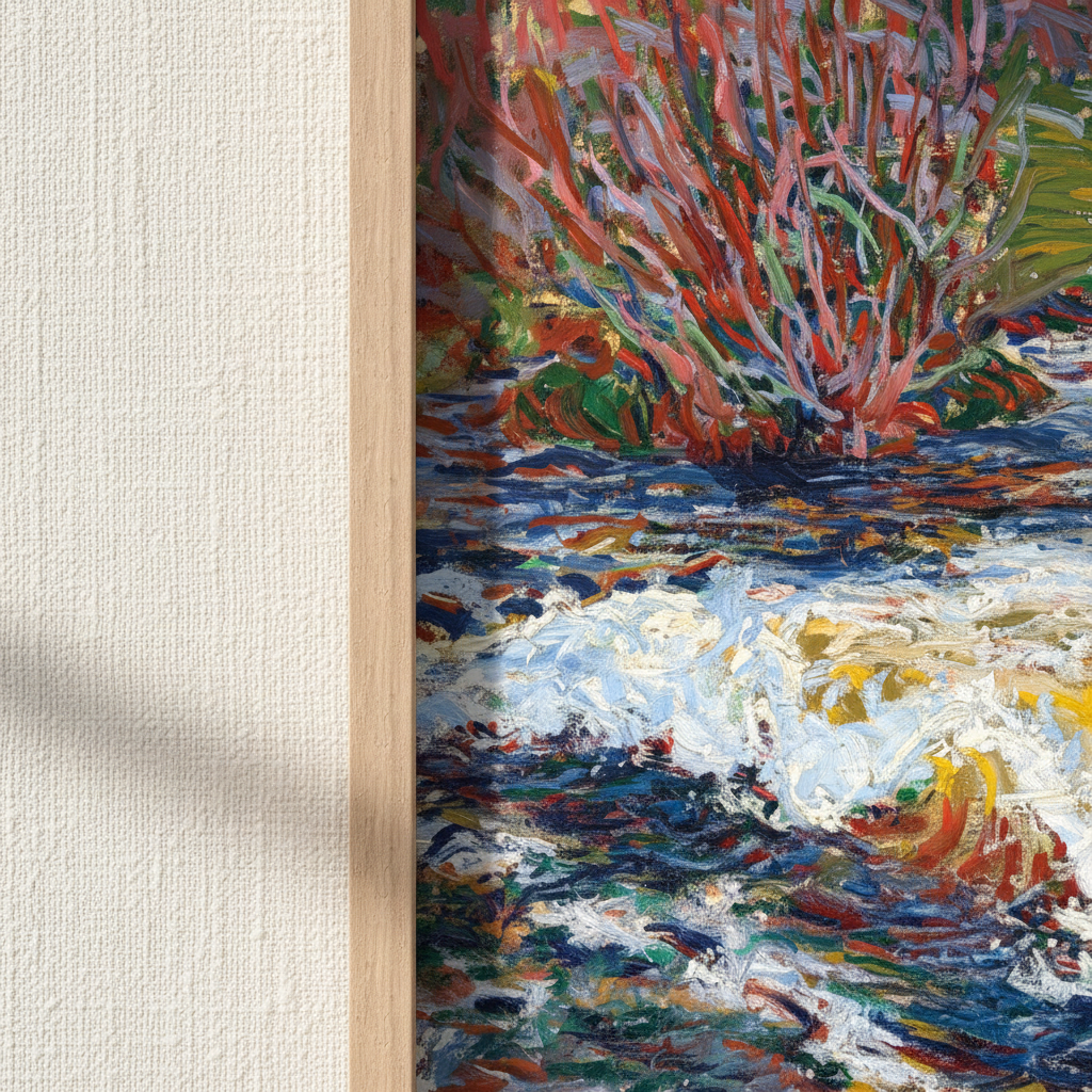 Detail of The Rushing Stream by Roderic O'Conor showing thick brushstrokes and the oak frame edge