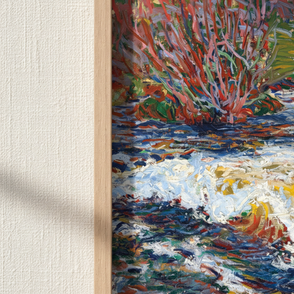 Detail of The Rushing Stream by Roderic O'Conor showing thick brushstrokes and the oak frame edge