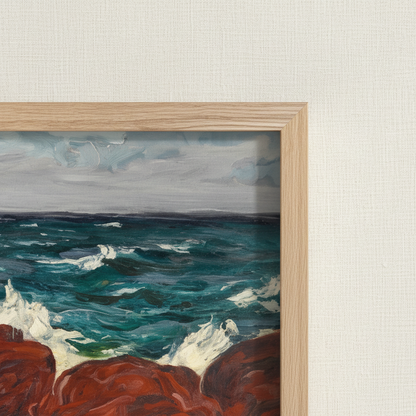 Detail of the Red Rocks and Sea print showing the green sea and white surf beside the corner of an oak frame