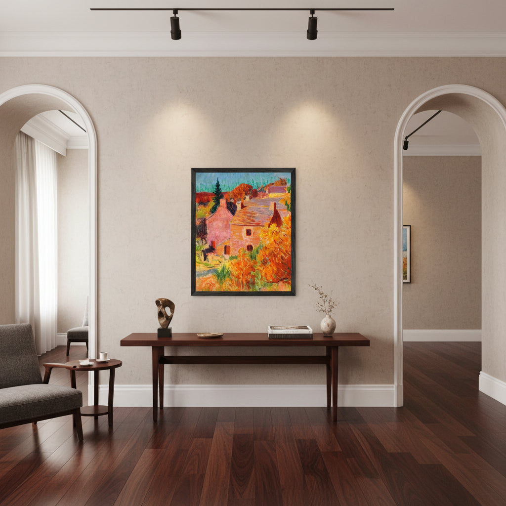 Roderic O'Conor Maisons Rouges à Pont-Aven in a black frame above a console table in an arched room
