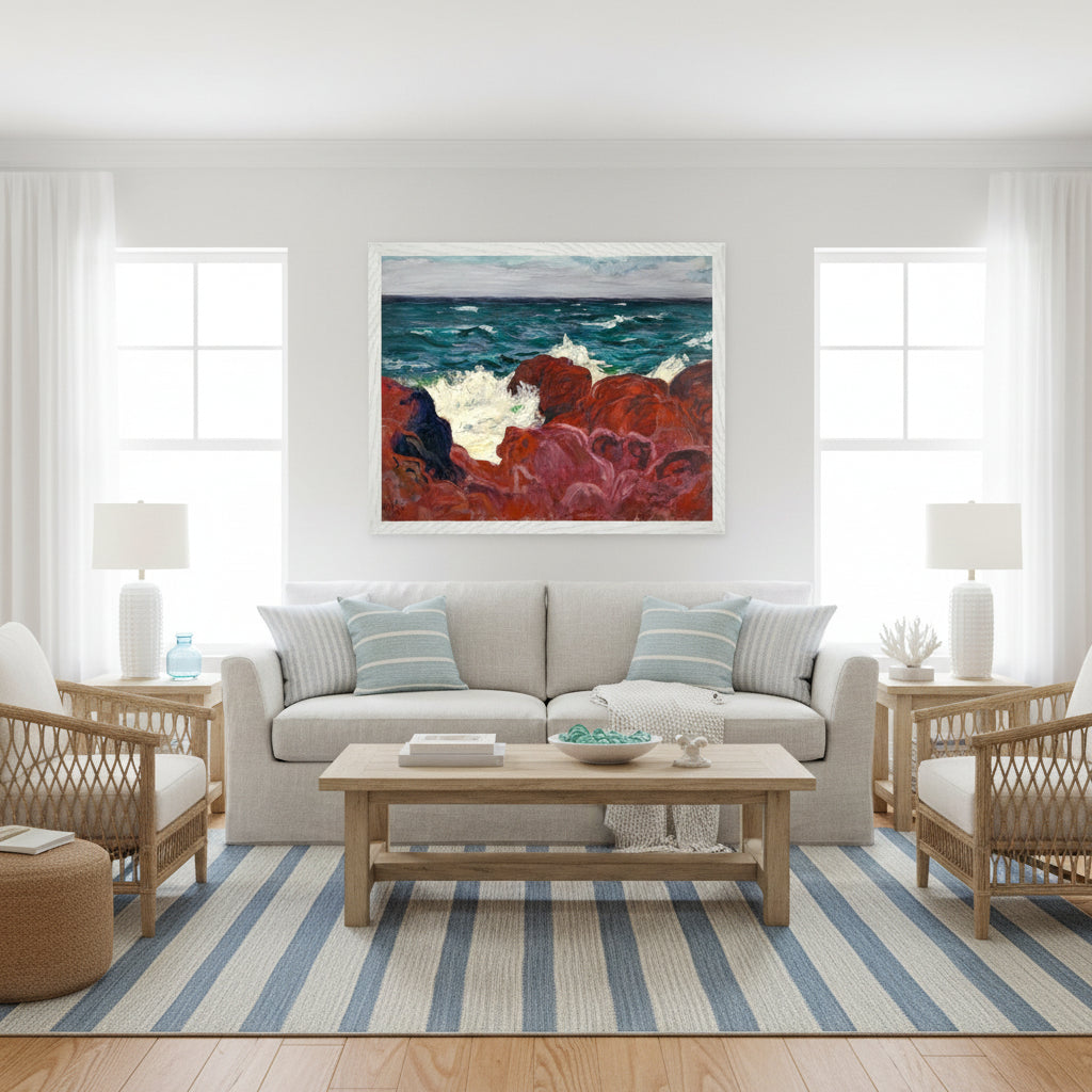 Bright coastal living room, natural textures, white walls, soft blue accents, framed O’Conor seascape as centrepiece, calm but premium décor. Buy Irish Art