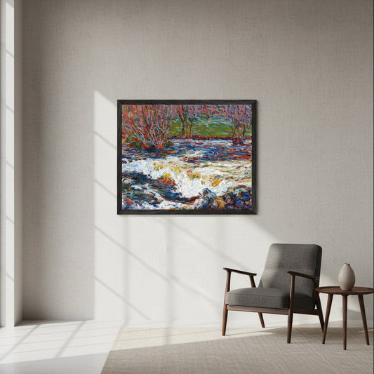 Framed fine-art print of Roderic O’Conor’s The Rushing Stream hanging in a luxury collector’s living room, matte black wooden frame, museum-style spacing, soft north-light window, Belgian-linen walls, mid-century armchair, minimal decor, natural shadows, ultra-realistic, photorealistic art gallery style.