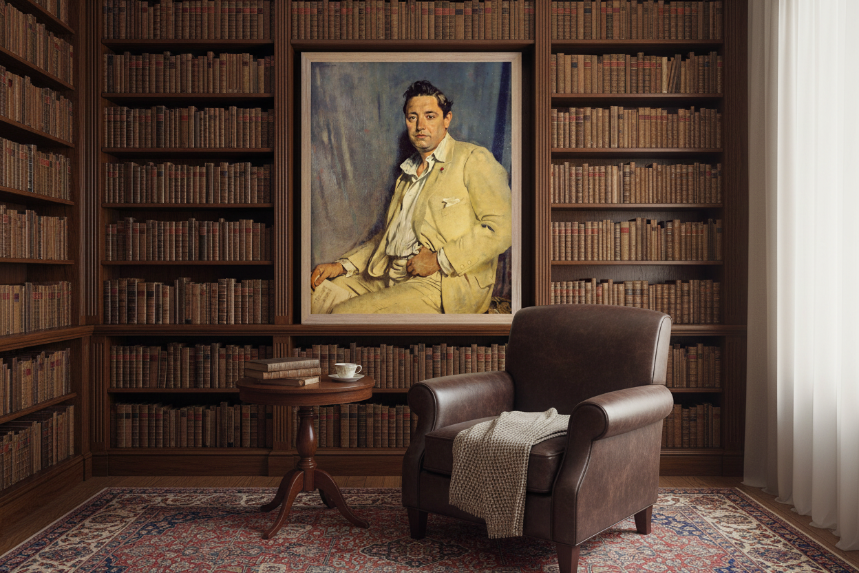 A framed fine art print of “Count John McCormack (1923) by William Orpen”, 40x50cm portrait orientation, displayed in a classic home library with dark wood shelves, leather armchair, 