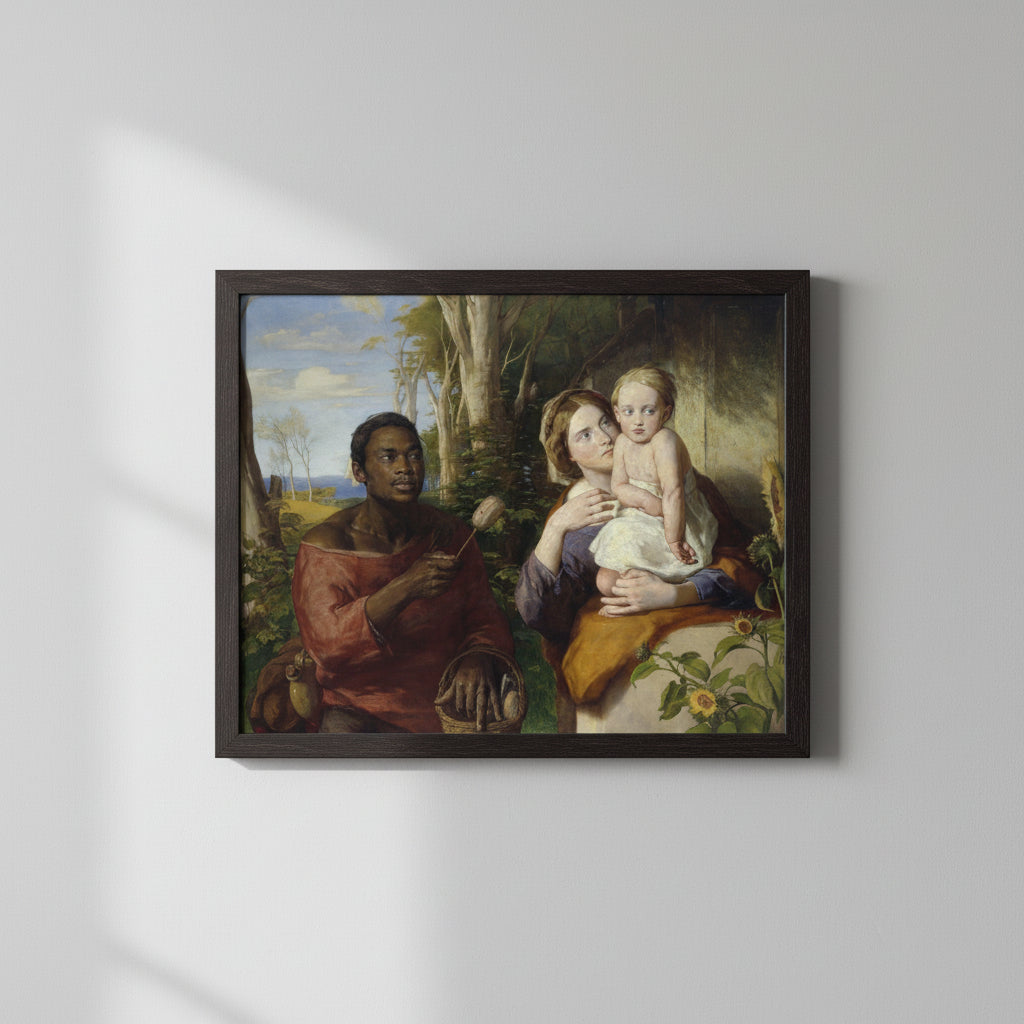 Framed Irish Art Print of “The Toy-Seller” by William Mulready, 40×50 cm, in a premium Black Framed hardwood Collector’s Edition frame. Luxury gallery wall, soft natural light, clean shadows, museum-style presentation.