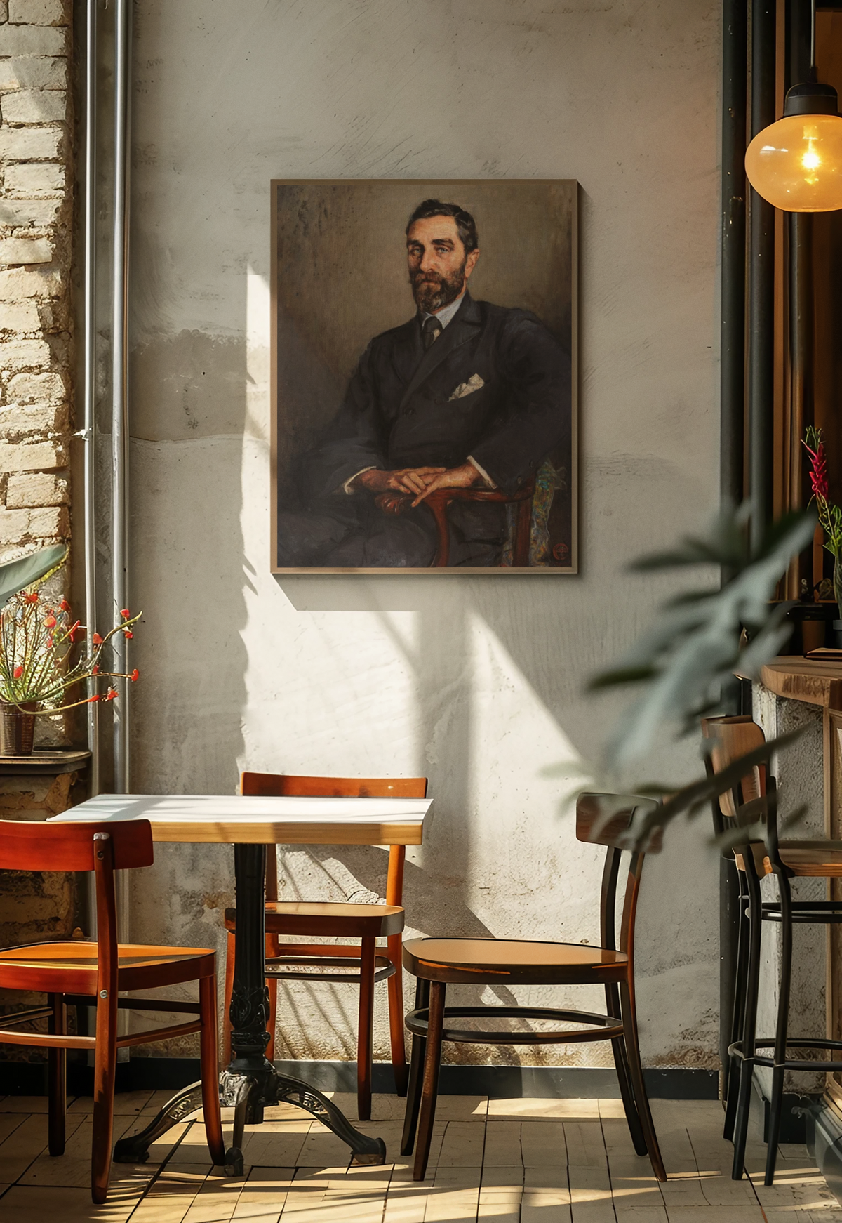 Roger Casement portrait by Sarah Purser print on a stone wall above a café table and chairs