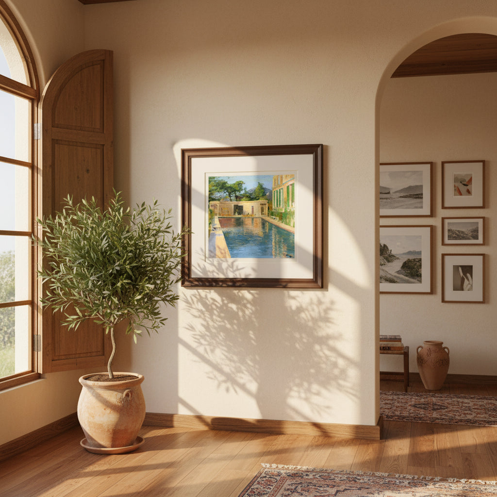 Lavery swimming pool print in a dark wood frame on a stucco wall beside an olive tree