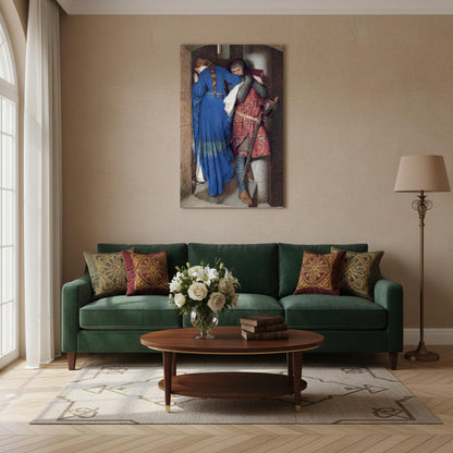 Hellelil and Hildebrand by Frederic William Burton, canvas print above a green velvet sofa
