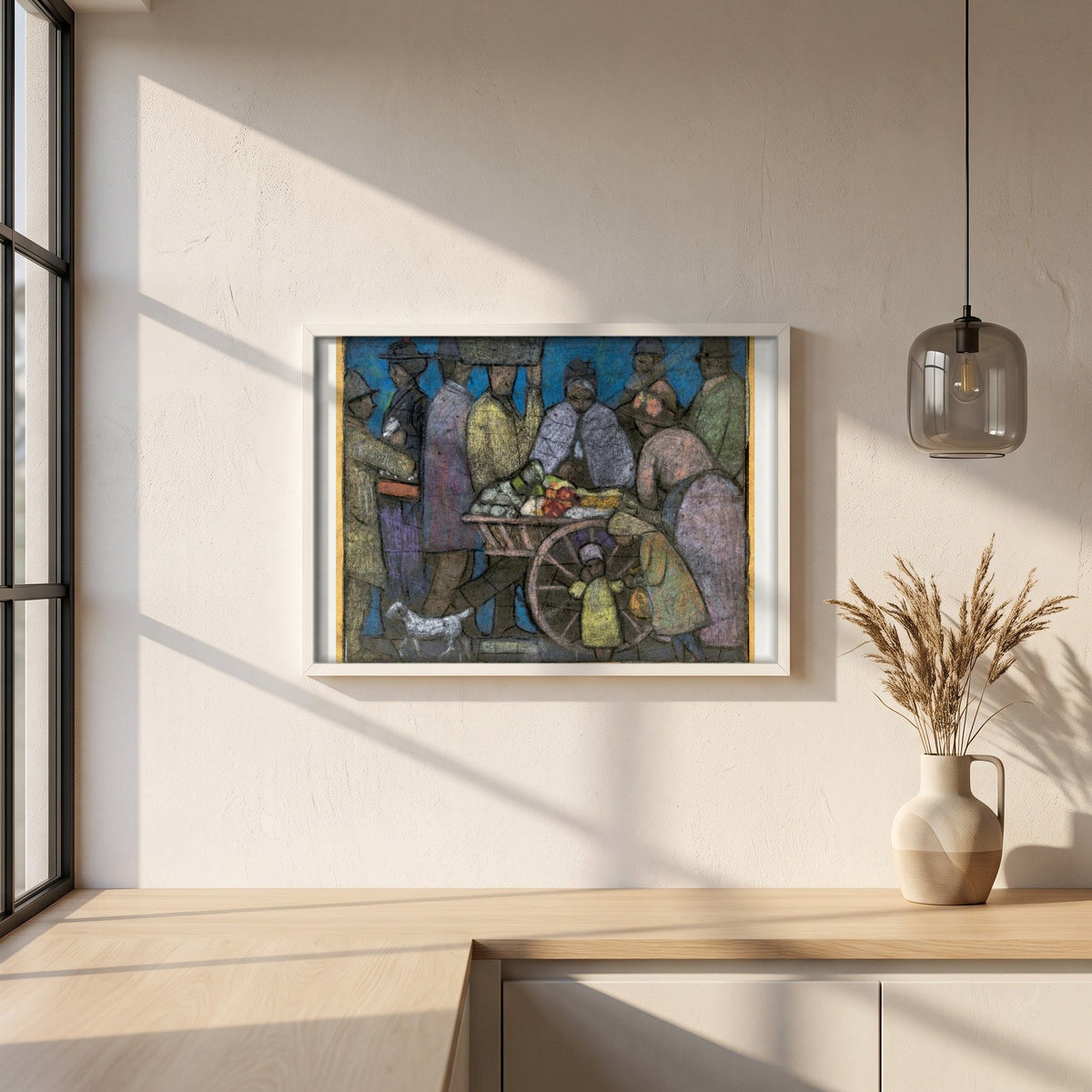 Fruit Market, Moore Street by Michael Healy framed print in a white frame on a plaster wall above an oak worktop in a bright Scandinavian kitchen
