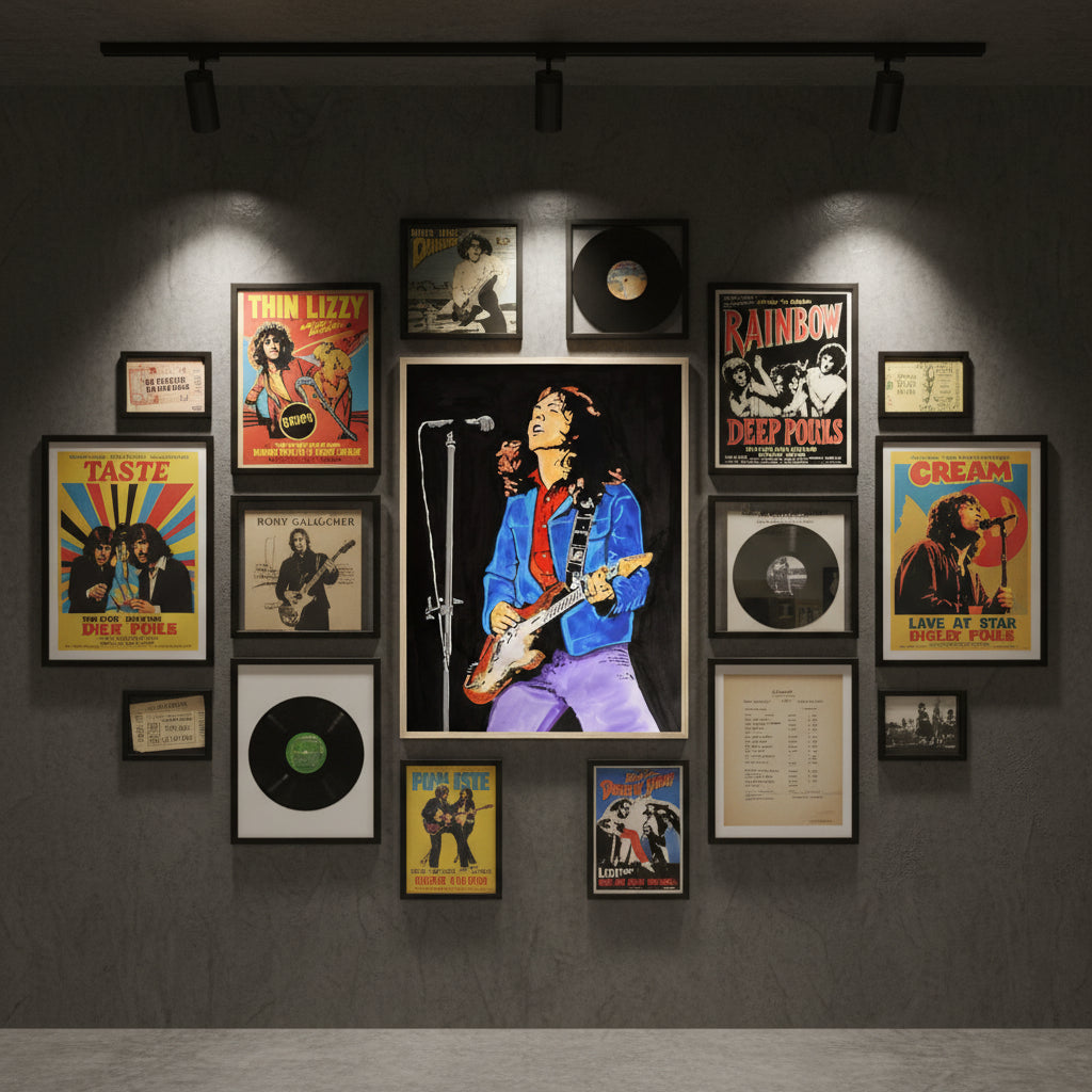 Rory Gallagher framed print on a gallery wall among vintage concert posters and vinyl records