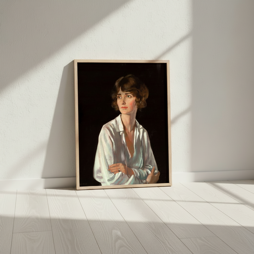 Lady Marriott by William Orpen print in a light wood frame leaning in the corner of a bright empty room