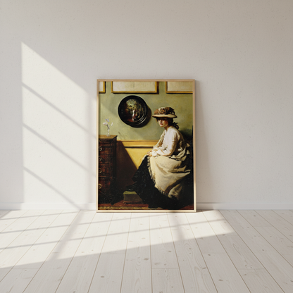 The Mirror by William Orpen in an oak frame leaning against a white wall on a pale wooden floor