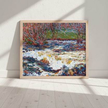 The Rushing Stream by Roderic O'Conor in an oak frame leaning against a white wall on a pale wooden floor