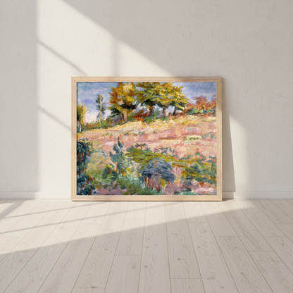 Landscape by Roderic O'Conor print in an oak frame leaning on a pale wooden floor in a sunlit white room
