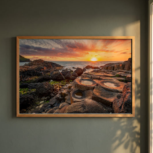 Giant's Causeway Framed Print | Northern Ireland framed print in a natural oak frame on a dark green wall beside a window, dappled plant shadow