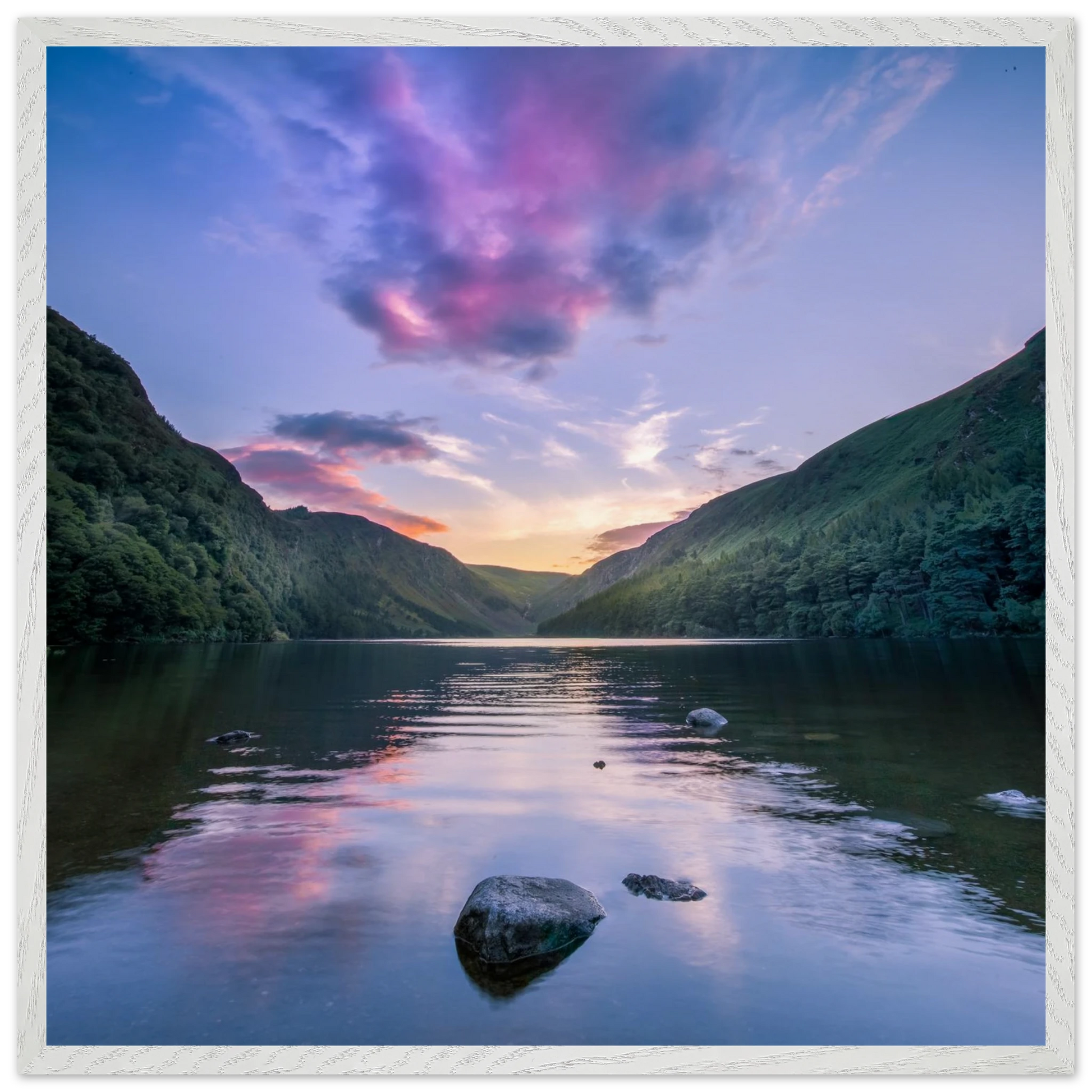 Glendalough at dusk premium Irish landscape wall art print in white gallery frame